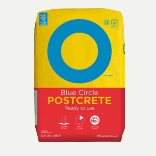 The Blue Circle - Post Mix 20kg Bag is designed with a striking yellow and red exterior, featuring a prominent blue circle. The packaging emphasizes that it is 