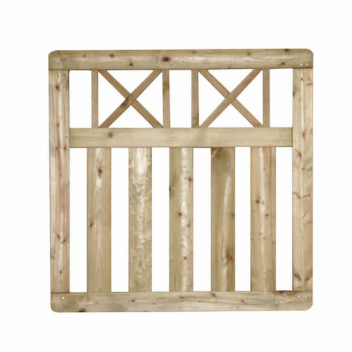 A square wooden gate with vertical slats on the lower section and a decorative upper section featuring two X-shaped cross braces. The wood has a light, natural finish.