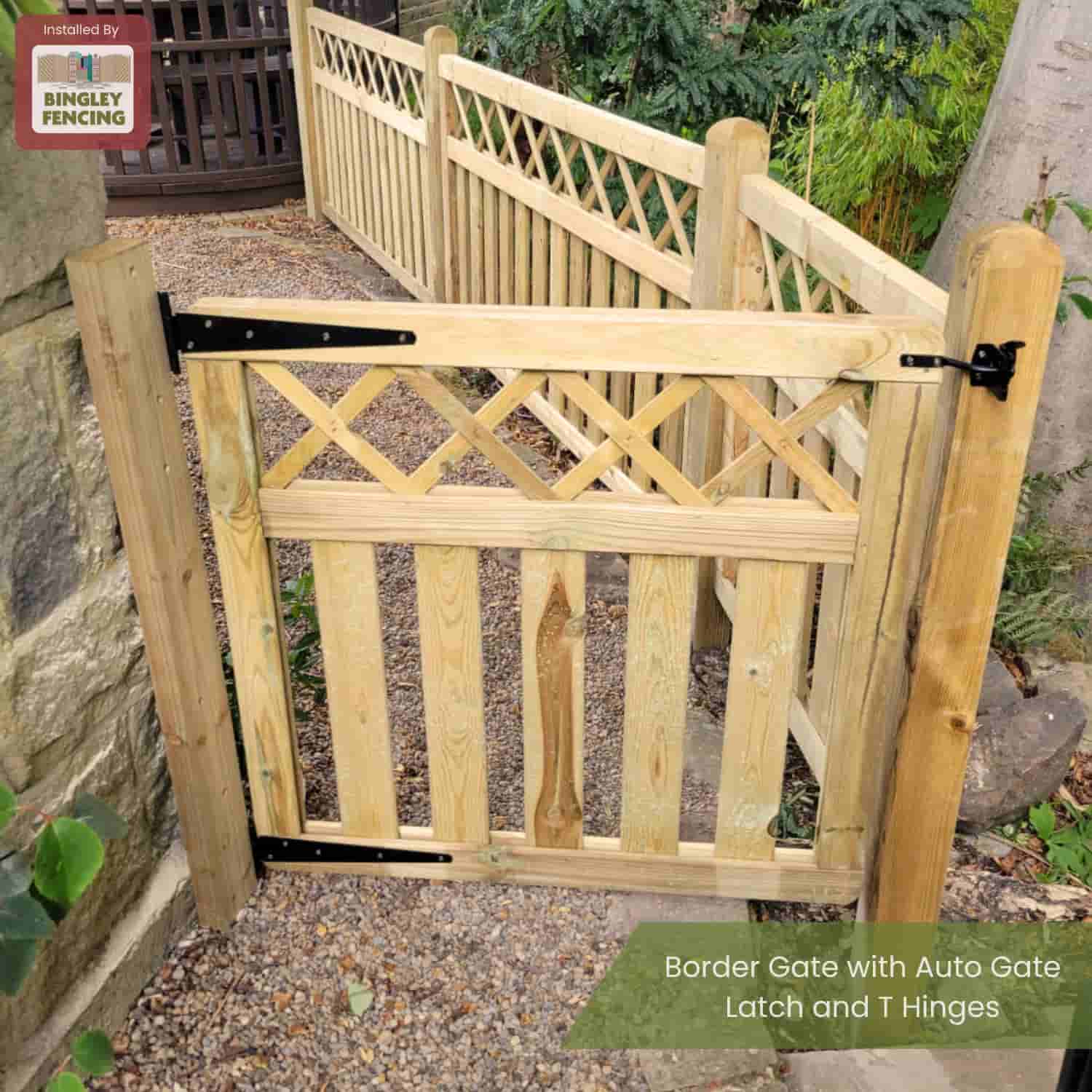 Wooden garden border gate with diagonal lattice design with black t hinges and auto gate latch
