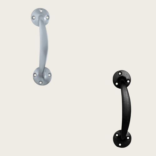 Two metal handles one in black and one in galvanised.