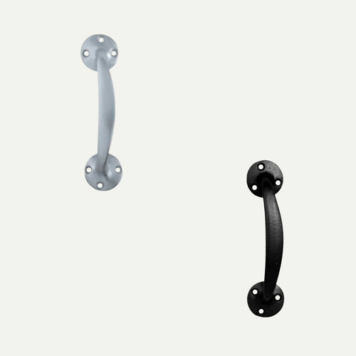 Two Bingley Fencing Bow Pull Door Handles, 6" long, are shown on a white background—one silver (left), one black (right)—each with curved grips and circular end plates featuring screw holes.