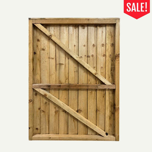 Reduced Bingley Fencing Feather Edge Gate, a rectangular pressure-treated timber gate made of vertical feather-edge panels with a horizontal middle brace and two diagonal support beams, marked with a red SALE! badge.