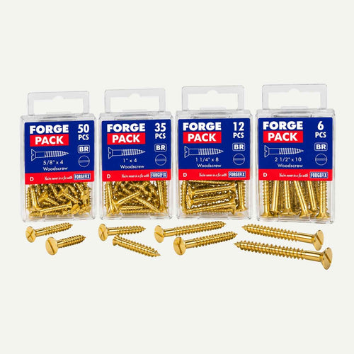 Four plastic boxes of ForgeFix Brass Plated Countersunk Wood Screws – Various Sizes, with several loose slotted countersunk screws arranged in front.
