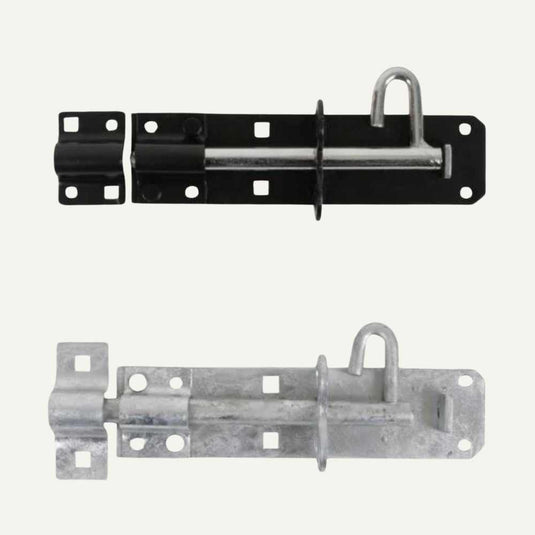 Two metal slide bolts are displayed, perfect for gate applications. The top one is a black 6