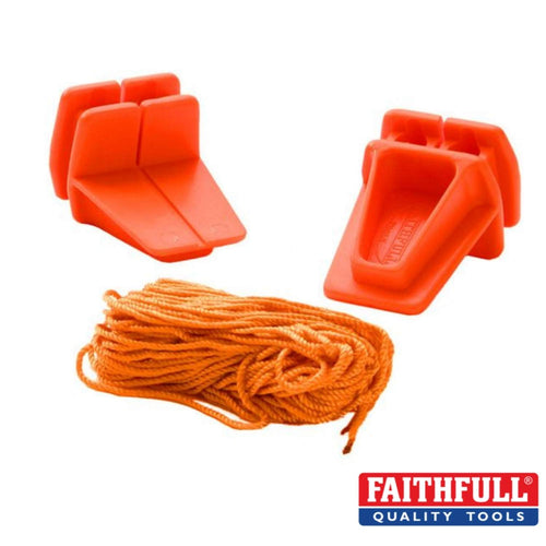 The Faithfull Line Blocks with 18m line, featuring orange brick-shaped blocks with built-in line storage and a coil of orange twine, are displayed against a white background. The Faithfull Quality Tools logo is visible in the bottom right corner.