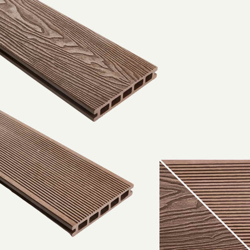 Two brown deX Classic Composite Decking Boards (3.6m) from Bingley Fencing showcase a hollow-core design, with one side displaying an authentic wood grain texture and the other featuring narrow grooves. This reversible, low-maintenance composite decking provides two surface options in a single solution—a close-up reveals the distinctive contrast between the finishes.