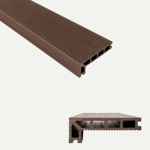 The Bingley Fencing deX Classic Composite Decking Board (3.6m) in brown is depicted from both an angled and a cross-sectional view, displaying its rectangular shape, grooved surface, and hollow ribbed interior. This low-maintenance decking solution combines durability with lasting beauty for outdoor spaces.