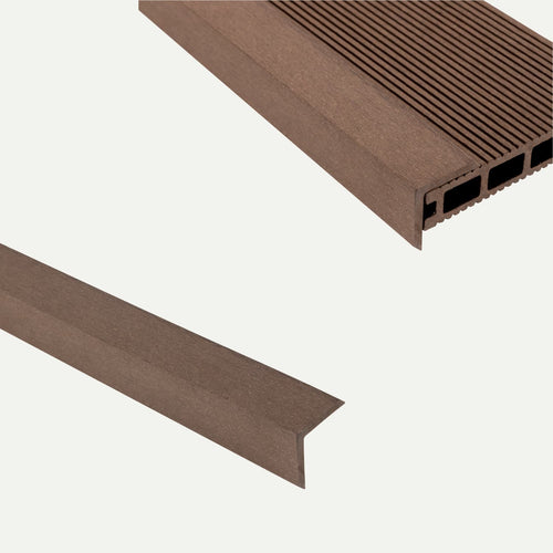 Two brown deX Classic Composite Decking trim pieces from Bingley Fencing are shown on a white background. One is a hollow rectangular trim with grooves, and the other is a solid angled edge trim—both crafted to complement the low-maintenance deX Classic Composite Decking Boards (3.6m) and ensure lasting performance and style.