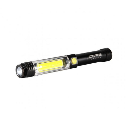 The Core Lighting Torch CL400 by Core is a black handheld flashlight with the added functionality of a work light. It has a transparent section that reveals a yellow LED, delivers 400 lumens of power, and includes a side button with “CORE” printed on it.