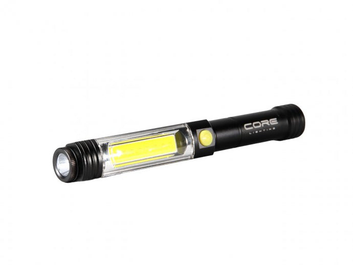 The Core Lighting Torch CL400 by Core is a black handheld flashlight with the added functionality of a work light. It has a transparent section that reveals a yellow LED, delivers 400 lumens of power, and includes a side button with 