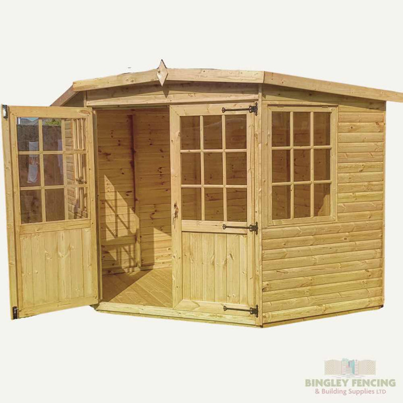 Load image into Gallery viewer, Garden summerhouse made in wood with georgian style doors and windows and black antique hinges
