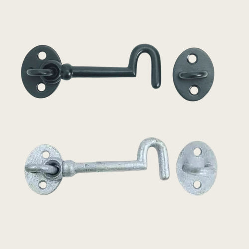 Two  metal cabin hooks. One in galvanised finish and one in black.