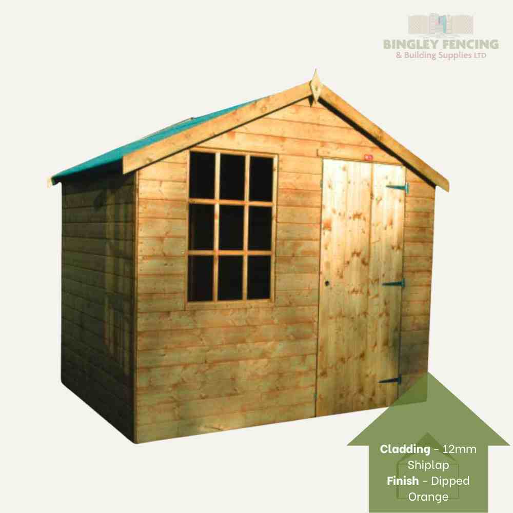 The Bingley Fencing Cabin Shed showcases a slanted roof and features a window on the left and a door on the right. Constructed with 12mm shiplap cladding, it boasts a dipped orange finish and is made to order. A logo adorns the top right corner.