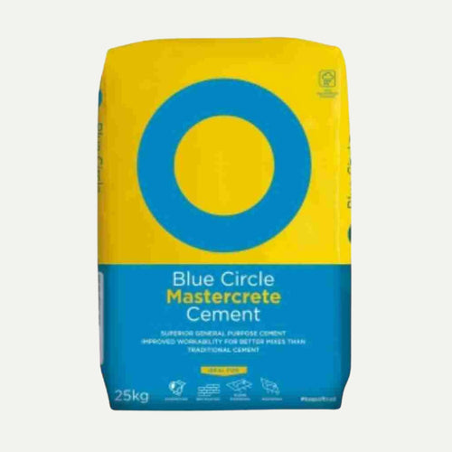 The Blue Circle - Mastercrete Cement 25KG Bag - Plastic is a Portland-limestone cement featuring the brand's logo on a yellow background. This product offers superior general-purpose quality with improved workability and enhanced resistance to freeze/thaw conditions.