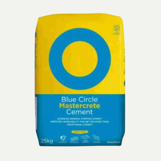 The Blue Circle - Mastercrete Cement 25KG Bag - Plastic is a Portland-limestone cement featuring the brand's logo on a yellow background. This product offers superior general-purpose quality with improved workability and enhanced resistance to freeze/thaw conditions.