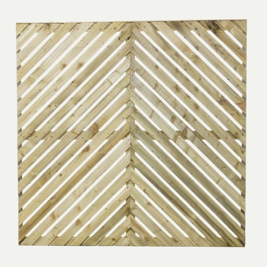 The Chevron Fence Panels by Bingley Fencing feature light wooden slats in a symmetrical V-shaped chevron pattern with visible wood grain, perfect for modern installations or enhancing privacy in Chevron style fencing.