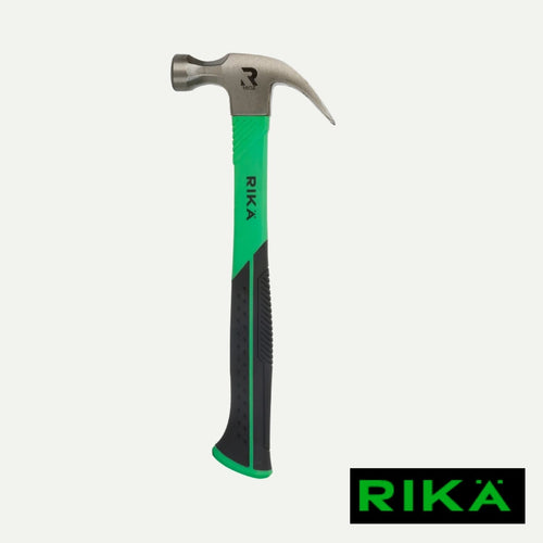 Introducing the RIKÄ 16oz Fibreglass Claw Hammer with Soft Grip in green and black, featuring the RIKA brand name prominently on both the handle and head—ideal for pairing with other essential tools like a 6mm drill bit. The RIKA logo is displayed in the bottom right corner.