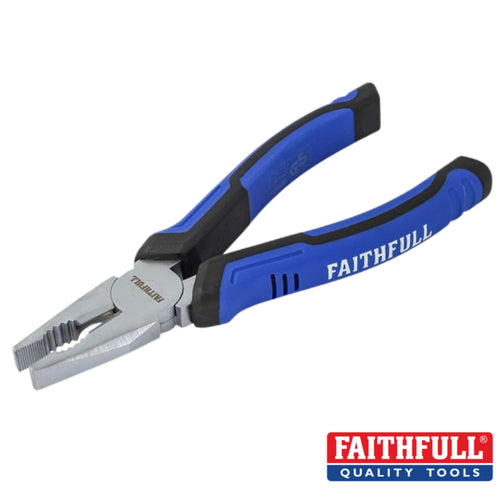 A pair of Faithfull - Combination Pliers 180mm in blue and black with textured grips is displayed on a white background. Made from robust chrome vanadium steel, these pliers offer dependable performance for daily tasks. The Faithfull logo is visible in the bottom right corner.