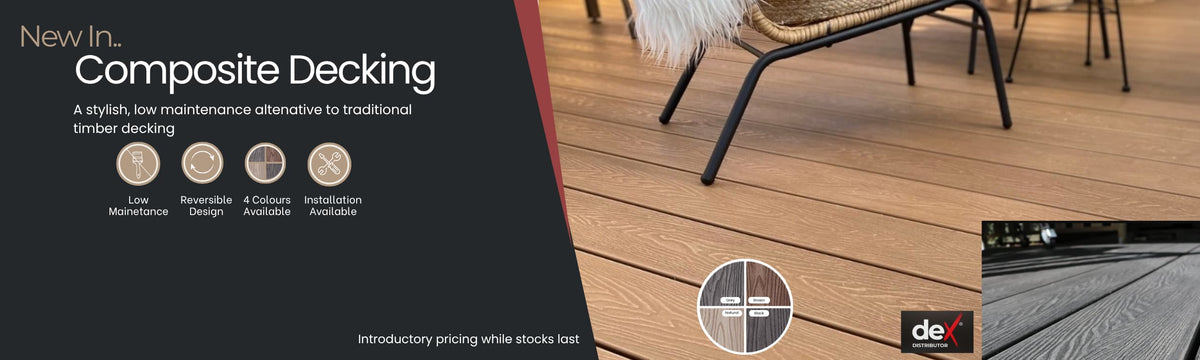 Wood-look composite decking with chairs and a rug on top. Icons highlight low maintenance, reversible design, color options, and installation availability. Text promotes stylish alternative to timber decking.