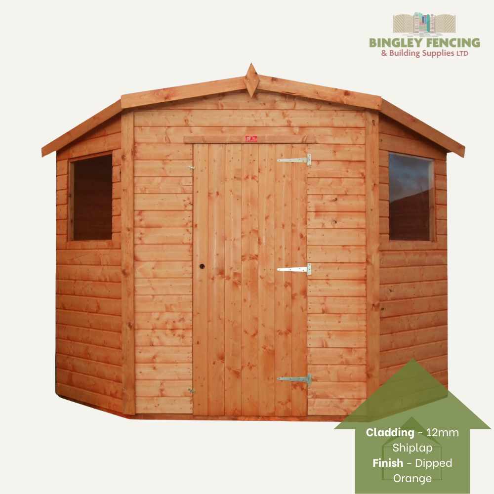 Introducing the Corner Shed by Bingley Fencing, a wooden garden shed featuring a pitched roof and two side windows, ideal for a customizable design. This shed showcases shiplap cladding with a dipped orange finish and prominently displays the logo of Bingley Fencing & Building Supplies LTD in the top right corner.