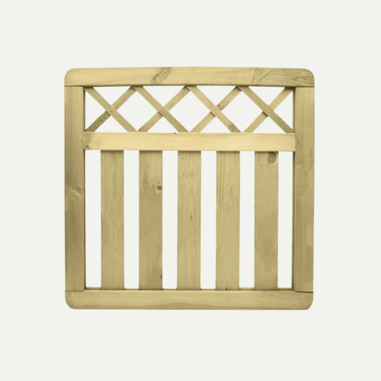 The KDM Cross Top Border Gate - CTG90 features vertical slats below and a decorative crisscross lattice above, pairing perfectly with a timber gate. Shown in the photo against a plain white background.