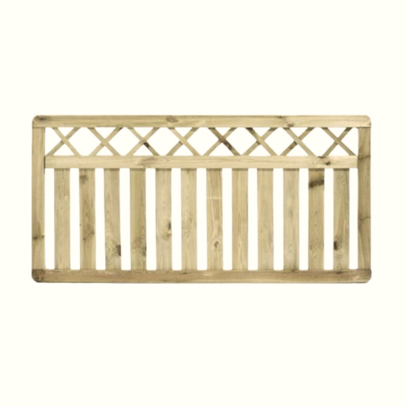 Load image into Gallery viewer, The KDM Cross Top Border Fence Panel (CT90) is made from tanalised softwood, with vertical planks below and a decorative crisscross lattice top—perfect as a garden border fence panel.
