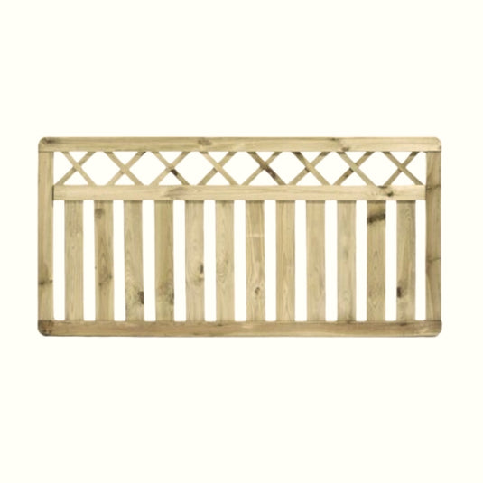 The KDM Cross Top Border Fence Panel (CT90) is made from tanalised softwood, with vertical planks below and a decorative crisscross lattice top—perfect as a garden border fence panel.