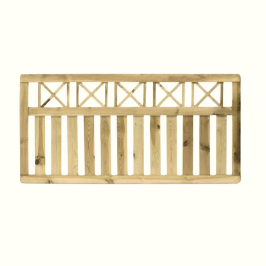The KDM Elite Cross Top Border Fence Panel (ECT90) is a tanalised softwood panel featuring vertical slats below and decorative crisscross patterns above—ideal as an attractive border fence or for adding elegance to any garden.