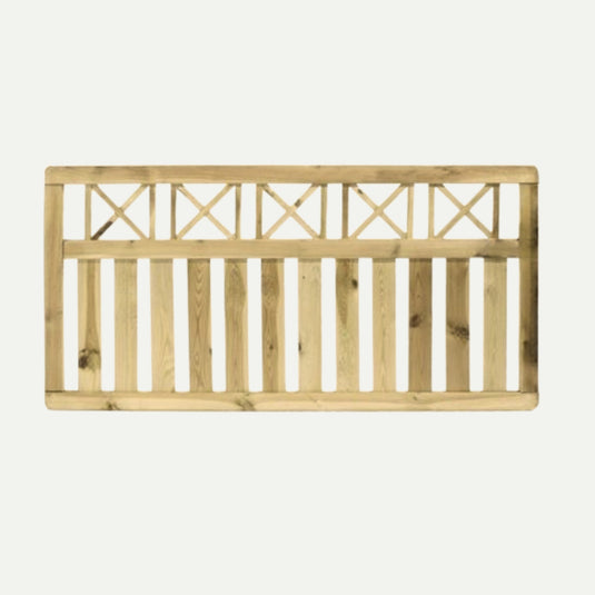The KDM Elite Cross Top Border Fence Panel (ECT90) is a tanalised softwood panel featuring vertical slats below and decorative crisscross patterns above—ideal as an attractive border fence or for adding elegance to any garden.