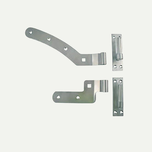 A 12 Curved Heavy Duty Hook & Band Hinge Set in a galvanized finish, featuring left and right-hand hinges with pre-drilled holes, is displayed on a plain background. The set includes L-shaped and straight brackets, with a Henry Shaw logo in the corner.