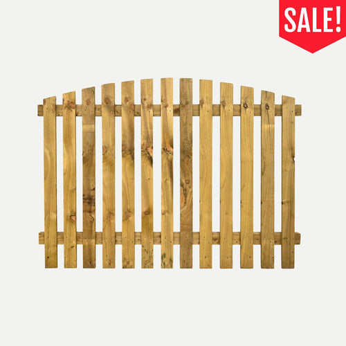 Arched Paling Fence Panel 1830mm(w) x 910mm (h) - Clearance made of rough sawn timber with a red sale banner in the corner.