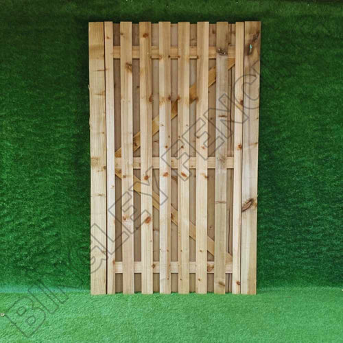 Against a lush, grass-like backdrop stands the Paling Gates Double Sided 1" Gaps- Flat Top & Arched Top by Bingley Fencing. This particular panel, perfect for privacy fences, features vertical slats reinforced with diagonal supports. Subtle watermark text reading BINGLEY FENCING is elegantly displayed across the image.