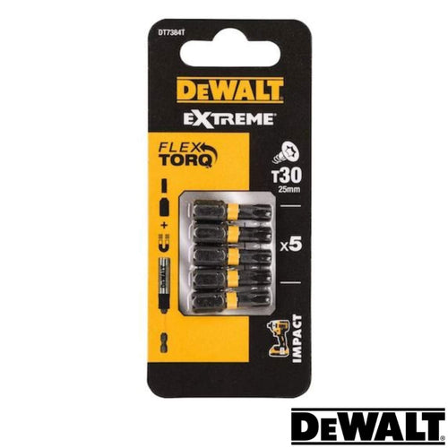 The Dewalt Impact Torsion T30 - 25mm - Pack Of 5 features five black, 25mm Impact Torsion screwdriver bits. It showcases branding and logos on a bold black and yellow background, emphasizing the innovative design and reliability of these precision tools.