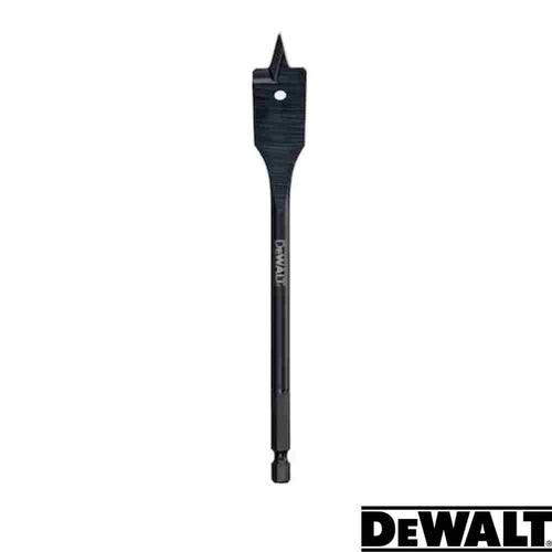 The Dewalt-EXTREME Spade Bit, available in various sizes and measuring 152mm long, is designed with a pointed tip and flat blade for quick drilling through wood. Its robust shank makes it ideal for any project, with the iconic Dewalt logo visible in the bottom right corner.