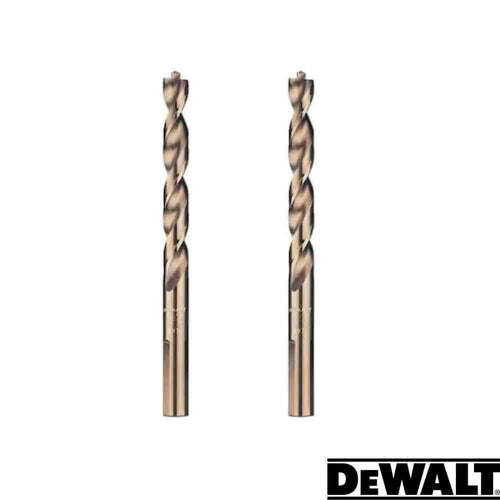 Two Dewalt EXTREME Metal Drill Bits, each with a 2mm diameter and 49mm length, are displayed side by side against a white background. Featuring a tapered web and spiral design, these bits have a metallic finish. The DeWalt logo is positioned in the bottom-right corner, highlighting their suitability for portable drilling needs.