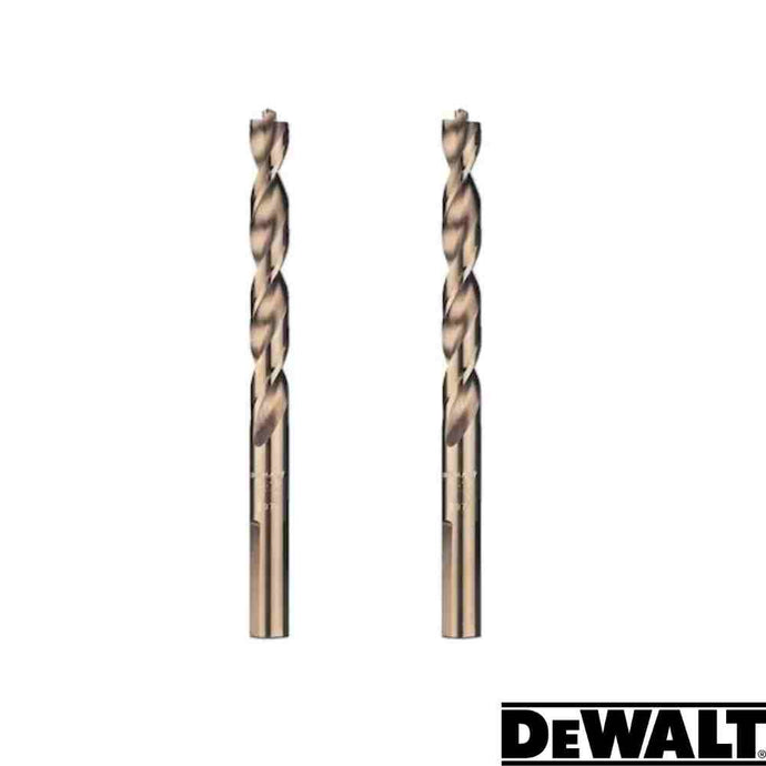 Two Dewalt EXTREME Metal Drill Bits, each with a 2mm diameter and 49mm length, are displayed side by side against a white background. Featuring a tapered web and spiral design, these bits have a metallic finish. The DeWalt logo is positioned in the bottom-right corner, highlighting their suitability for portable drilling needs.