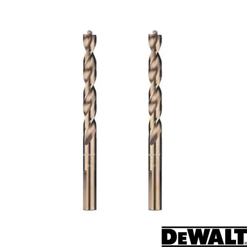 Two Dewalt EXTREME Metal Drill Bits, each with a 4mm diameter and 75mm length, stand vertically against a white background. They showcase their tapered web design, while the Dewalt logo is prominently displayed in the bottom right corner, highlighting their reputation for reliable drilling solutions.