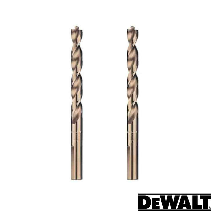Two Dewalt EXTREME Metal Drill Bits, each with a 4mm diameter and 75mm length, stand vertically against a white background. They showcase their tapered web design, while the Dewalt logo is prominently displayed in the bottom right corner, highlighting their reputation for reliable drilling solutions.