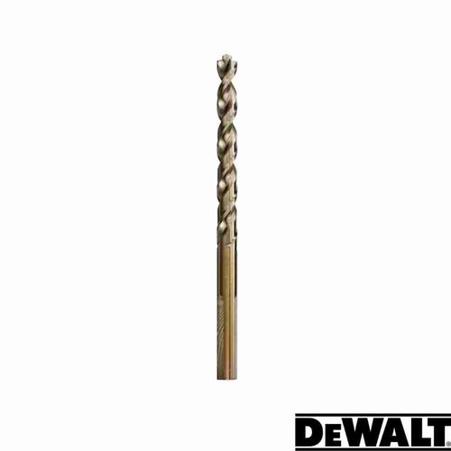 A Dewalt EXTREME Metal Drill Bit, measuring 5mm in diameter and 86mm in length, featuring a twisted design and a no-slip shank, is centered against a white background. The well-known Dewalt logo is positioned in the bottom right corner.