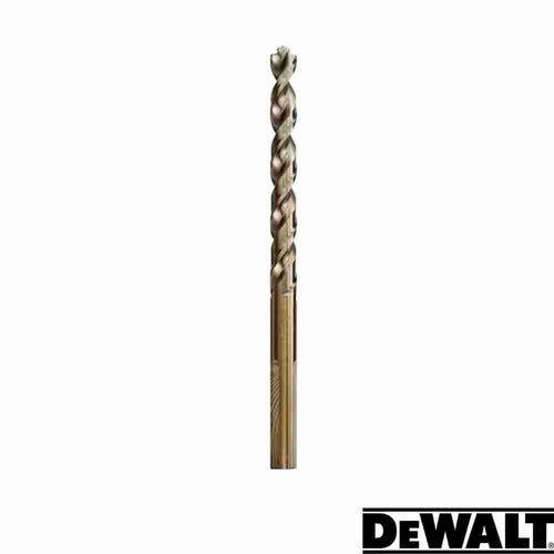 A picture showcasing the Dewalt- EXTREME Metal Drill Bit, measuring 6mm in diameter and 93mm in length, with a twisted design and cylindrical shank. It features a tapered web for enhanced durability. The Dewalt logo is displayed prominently in the bottom right corner, with the bit centered against a plain white background to highlight its suitability for portable drilling.