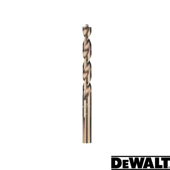 A close-up of the Dewalt EXTREME Metal Drill Bit - 13mm Dia - 151mm Long highlights its spiral design and Gold Ferrous Oxide coating, set against a plain white background. The No-Slip shank ensures precision, with the Dewalt logo visible in the bottom right corner.