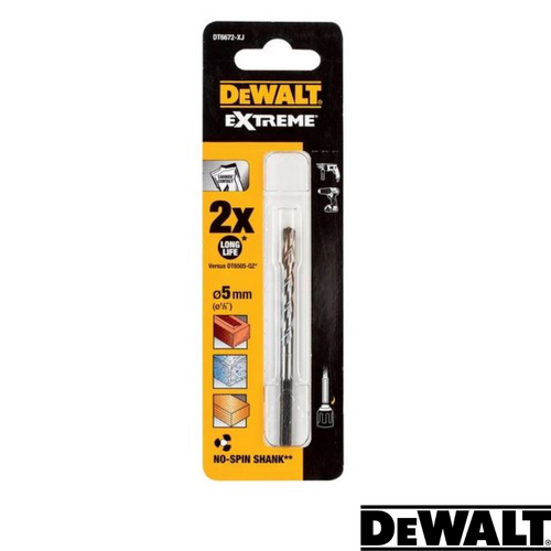 Packaging for a Dewalt EXTREME No Slip Shank Masonry Drill Bit (5mm Dia, 85mm Long), showing images of drilling into wood, metal, and plastic. The label highlights 