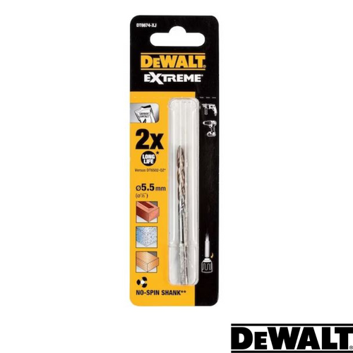 The packaging for the Dewalt EXTREME No Slip Shank Masonry Drill Bit, measuring 5.5mm in diameter and 85mm in length, emphasizes its extreme durability and no-slip shank features. Icons displaying its suitability for drilling into metal, wood, and stone surfaces are showcased against the background, with the Dewalt logo prominently displayed.
