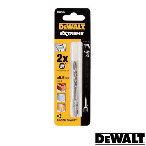 The packaging for the Dewalt EXTREME No Slip Shank Masonry Drill Bit, measuring 5.5mm in diameter and 85mm in length, emphasizes its extreme durability and no-slip shank features. Icons displaying its suitability for drilling into metal, wood, and stone surfaces are showcased against the background, with the Dewalt logo prominently displayed.