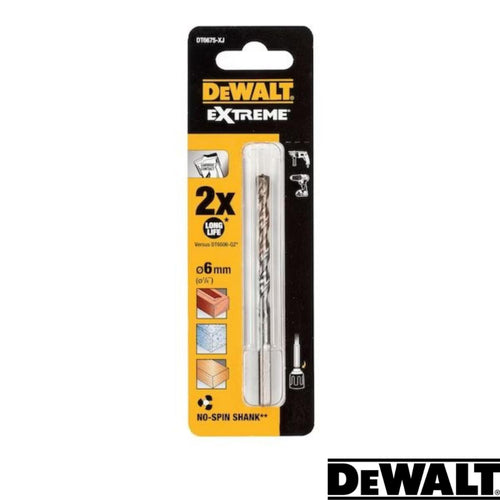The image showcases a Dewalt - EXTREME No Slip Shank Masonry Drill Bit, featuring a 6mm diameter and a 100mm length. Designed for optimal performance when drilling through metal, wood, and masonry, it offers double the lifespan of regular bits. The Dewalt logo is prominently displayed on the packaging.