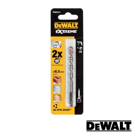 The packaging for the Dewalt- EXTREME No Slip Shank Masonry Drill Bit - 6.5mm Dia - 100mm Long highlights its features such as 2x Long Life and a No Slip Shank designed for maximum efficiency. Images on the packaging depict materials like wood, metal, and masonry, with the iconic Dewalt logo prominently displayed at the bottom right.