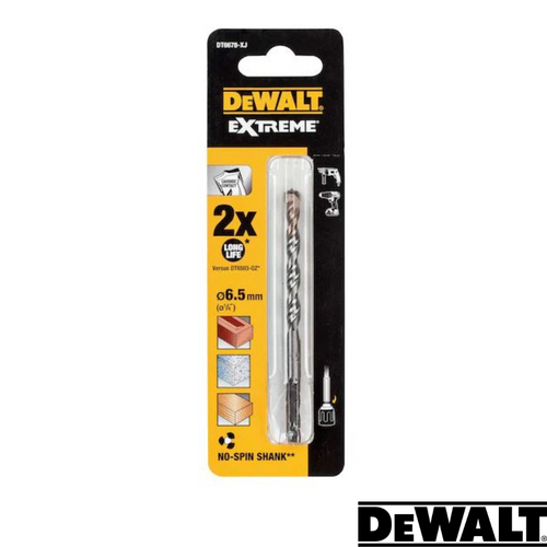 The packaging for the Dewalt- EXTREME No Slip Shank Masonry Drill Bit - 6.5mm Dia - 100mm Long highlights its features such as 2x Long Life and a No Slip Shank designed for maximum efficiency. Images on the packaging depict materials like wood, metal, and masonry, with the iconic Dewalt logo prominently displayed at the bottom right.