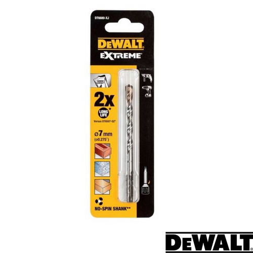 Packaging of a Dewalt EXTREME No Slip Shank Masonry Drill Bit, featuring a 7mm diameter and 100mm length. The package highlights the No Slip Shank for extreme drilling and is designed for applications in wood, metal, and plastic.