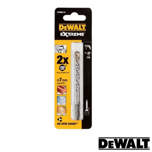 Packaging of a Dewalt EXTREME No Slip Shank Masonry Drill Bit, featuring a 7mm diameter and 100mm length. The package highlights the No Slip Shank for extreme drilling and is designed for applications in wood, metal, and plastic.