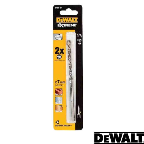 The DeWalt EXTREME No Slip Shank Masonry Drill Bit, measuring 7mm in diameter and 150mm in length, offers exceptional durability. Ideal for wood, metal, and masonry projects, it features a distinctive yellow and black design with the DeWalt logo prominently displayed at the bottom.